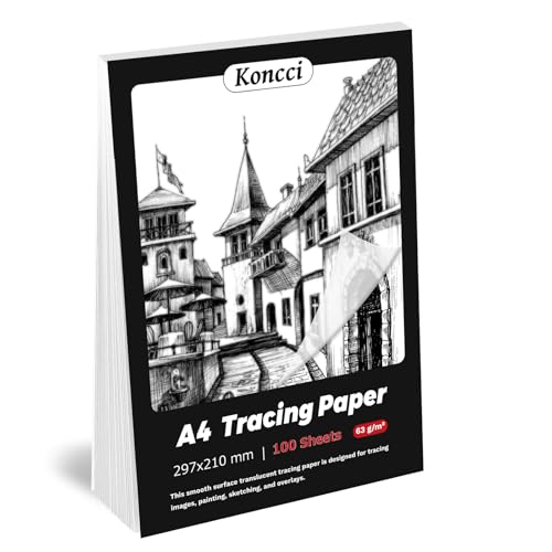 Koncci 100 Sheets A4 Tracing Paper (63gsm) Transparent Drawing Paper A4 with High Transparency &Thickness for Drawing Overlays Sketching Sewing Patterns Dressmaking