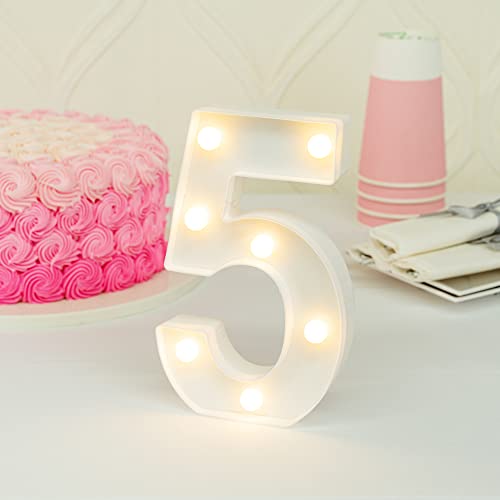 Image of Restaurantware Illumify 7.1 x 1.2 x 8.7 Inch Light Up Number 1 Durable Marquee LED Light - Number 5 Touchproof White Plastic Party Light Keyhole Slot For Parties Weddings Or Special Events