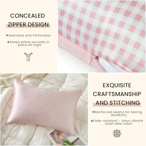 Image of THXSILK Set of 2 Mulberry Silk Pillowcase for Hair and Skin, Cooling Bed Pillow Cover with Hidden Zipper, Soft Smooth Print Silk Pillowcase Gifts for Women Men (King 20 inchx36 inch, Pink Plaid)
