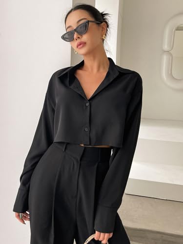 Image of Aahwan Women Polyester Regular Fit White Solid Button Up Drop Shoulder Casual Crop Long Sleeve Shirt