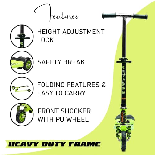 Image of Kick Steel Scooter for Kids, 3 Adjustable Height Scooter, Foldable & Attractive PVC Wheels with Rare Brakes for Kids Age Upto 3+ Years Strong Steel Base Heavy Dute Upto 70kg (with Shocker) (Green)