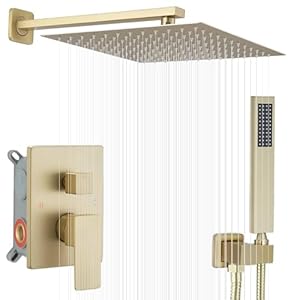 Brushed Gold Shower System 12 Inch Bathroom Luxury Rain Mixer Shower Combo Set Wall Mounted Rainfall Shower Head and Handheld System Shower Faucet Set Rough-in Valve Body and Trim Included