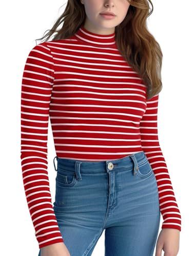 Zengjo Striped Long Sleeve Shirt Women (Red and White,XS)
