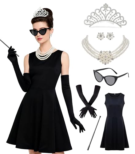 Kimoruro 7 pcs 1920s Womens black dress with Pearl Necklace Earrings Gloves Sunglasses for Halloween Costume Cosplay Outfit (Black X-Large)