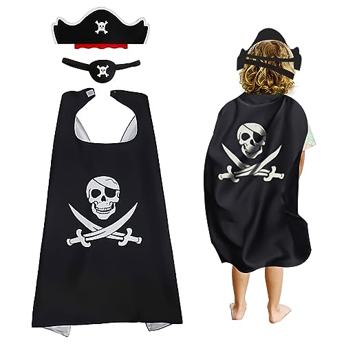 MIVAIUN 3 Piezas Conjunto de Disfraz de Pirata Niños Disfraz de Capitán Pirata Capa de Pirata para Niños Sombrero de Pirata Parche de Ojo para Halloween Cosplay Carnaval Máscaras (3 Piezas)