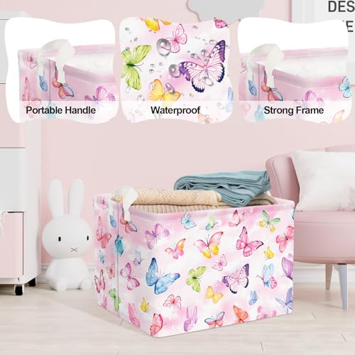 Image of Clastyle Kid Storage Basket Butterfly Foldable Clothes Laundry Hamper, 36L | Waterproof Large Book Gift Toy Organizer Nursery Bin, Girl Room Playroom Bedroom Bathroom, Dream Purple Pink Shelf Basket