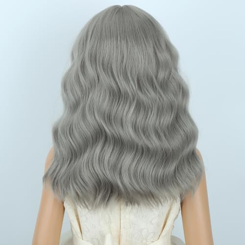 Image of Girls Gray Wig with Air Bangs Kids Short Gray Wavy Curly Wigs Children Synthetic Cosplay Hair for Halloween