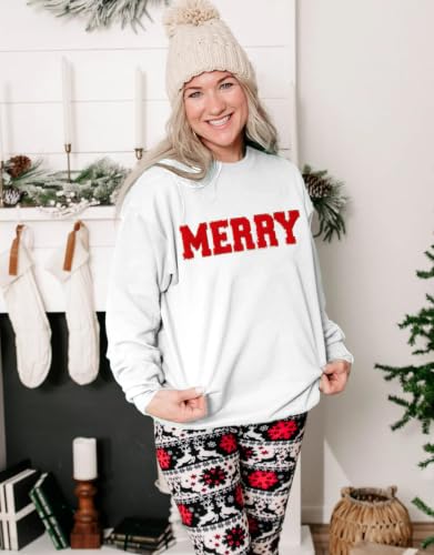 MAPICK Merry Christmas Sweatshirts for Women Glitter Patch Letter Shirts Chenille Oversized Pullover Winter Warm Tops(White,X-Large) — view 2