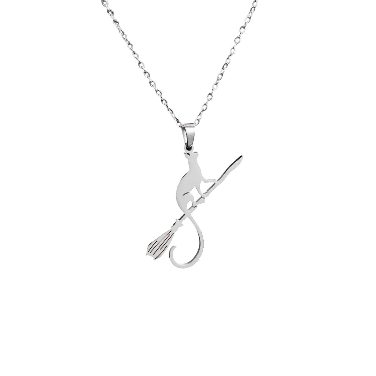 NONLOTDIO New For Trendy 2025 Cat Pendant Riding Broom, Stainless Steel Necklace Women's Her Fashion Gothic Halloween Party Gift Jewelry New For Style Jewelry Fashion Accessories Creative Gift