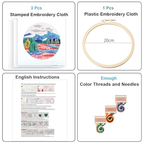Image of Konrisa 3 Pcs Landscape Embroidery Kits, Mountain Flower Village Pattern Cross Stitch Kit, DIY Sewing Practice Kits for Adults Home Decoration,Include Embroidery Cloth Threads and Needles,1pc Hoops