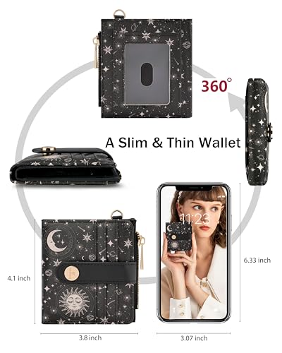 Image of Keychain Wallet Wristlet for Women,RFID Small Sun and Moon Wallet | Wallet Wristlet with Zipper Coin Pocket,Vegan Leather Card Wallets for Women, 2 ID Window,Gift