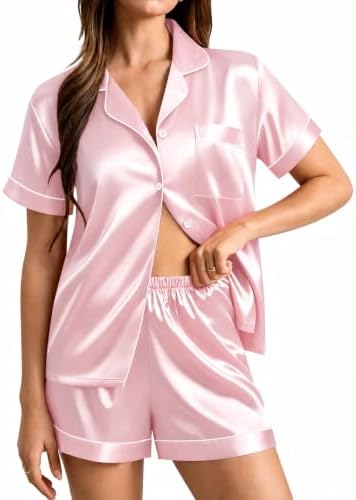 SWOMOG Womens Silk Satin Pajamas Set Short Sleeve Sleepwear Butto...