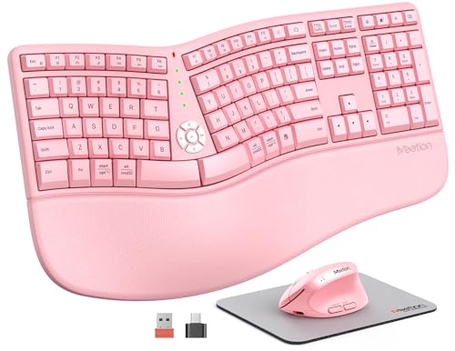 Image of MEETION Ergonomic Keyboard and Mouse Combo, 2.4G Cordless Split Keyboard with Cushioned Palm Rest, Vertical Wireless Mouse, Natural Typing Full Size Keyboard, for Windows /Mac Pink