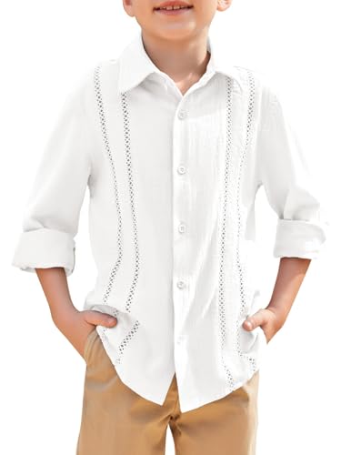 Haloumoning Jungen Hemd Langarm Baumwolle Kinder Cuban Shirt Sommer Freizeithemd Einfarbig Leichtes Casual Oberteile für Jungen 5-14 Jahre, Weiß, 10-12 Jahre