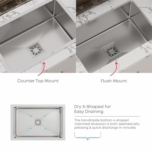 Image of CROCODILE 22x18 Inch 304 Grade Stainless Steel Kitchen Sink, Single Bowl, Undermount, Brushed Finish, Rectangular, Handmade, Heavy Duty, Anti-Rust, Sound-Dampening
