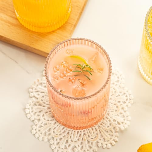 Vintage Ribbed Glassware Set: 6pcs 16.9oz XL Drinking Glasses, Fluted Ripple Drinkware, Origami Style, Elegant Glassware for Whiskey, Cocktail, Iced Coffee, Juice, Beer, Soda