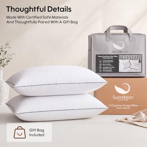 Swandream Goose Feather and Down Bed Pillows Standard Size Set of 2, Luxury 3-Chamber Pillows with Soft & Down-Proof Cover, Fluffy Plush Hotel Pillows for Side, Back & Stomach Sleepers - image 6