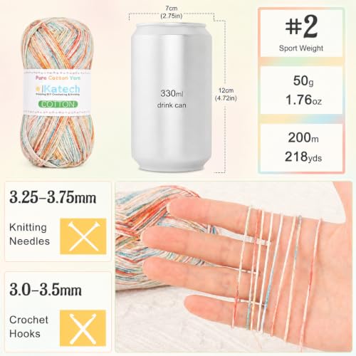 Image of Katech 1OO% Variegated Cotton Yarn for Crocheting-2 Sport Weight Baby Yarns