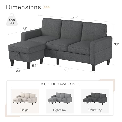 Couches for Living Room-Convertible Sectional Sofa, L-Shape Linen Fabric Sofa Couch with Storage Ottoman, Suit 3-Seats Sofa for Small Living Room and Apartment-White-Dark Grey