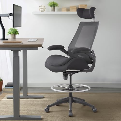 Image of BOLISS Big and Tall Drafting Chair 400lbs - High Back Ergonomic Office Chair for Standing Desk with Double Thick Seat Cushion, Adjustable Foot Ring, Lumbar Support & Flip Up Armrests (Black)