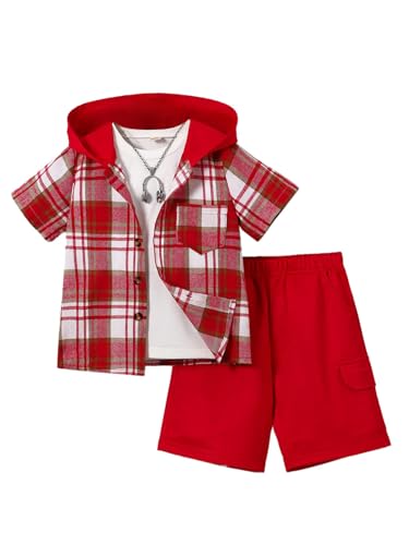 Image of Boys 2 Pieces Clothing Shorts Set Short Sleeve Plaid Button Down Shirt and Cargo Shorts Set 4-12Y