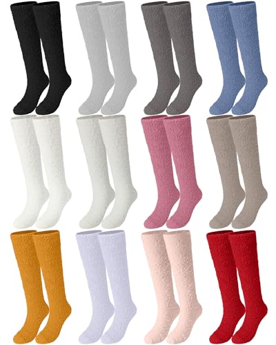 Image of Liitrsh 12 Pairs Fuzzy Socks for Women Knee Fuzzy Socks Long Slipper Socks Warm Cute Winter Socks High Cozy Christmas Fluffy Socks for Women Comfort Sleeping Home, 12 Colors