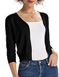 Black Button Down Sweaters for Women Lightweight V Neck Cardigan 3/4 Sleeve Cropped Cardigan Open Front M