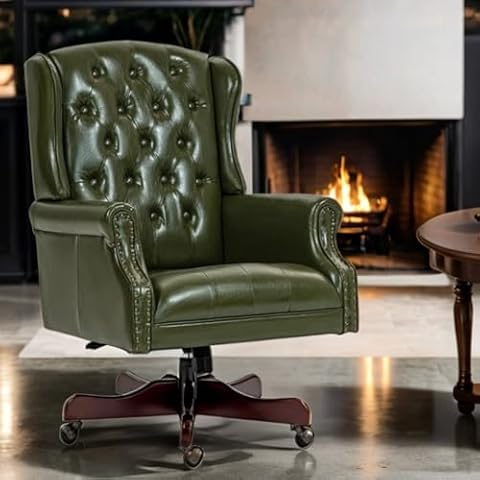 ECOTOUGE Executive Office Chair, PU Leather Wingback Home Desk Chair w/Tufted High Back & Nail Head Trim, Ergonomic PC Chair for Home, Office and Living Room, Green Cover