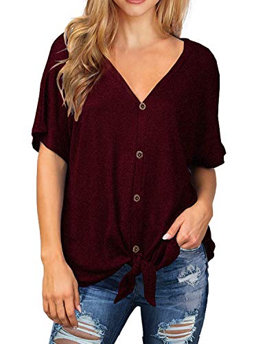 SouqFone Womens Short Sleeve Tops Waffle Knit Tunic Tops Loose Fitting Batwing Blouse Tie Knot Henley Shirts - M, WineRed