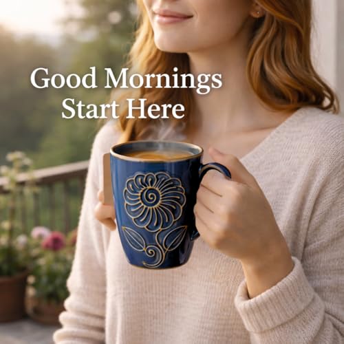 Image of KITTENS Handcrafted Blue Floral Ceramic Coffee Mugs Set of 6 - 330 ml Studio Finish Tea & Coffee Cups, Microwave & Dishwasher Safe - Premium Gift for Housewarming & Special Occasions