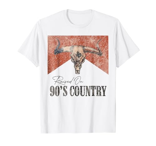 Vintage Western Bull Skull Raised On 90's Country Music T-Shirt