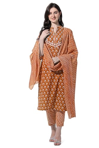 Image of MIRCHI FASHION Pure Cotton Women Straight Printed Embroidery Work Kurti Set with Dupatta and Pant