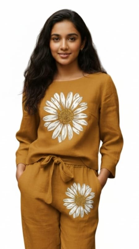 Image of White Button new Girls sunflower Daisy Print Flax Cotton Co-ord Set - Breathable Summer 2-Piece Outfit