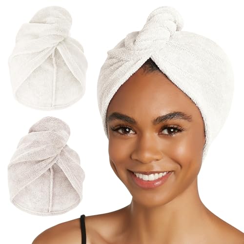 Image of Turbie Twist 2-Pack Microfiber Hair Towel for Beauty, Travel, Gifting - Wrap Turban for Straight, Wavy & Curly Hair - Premium Personal Care - Antique White & Moonbeam
