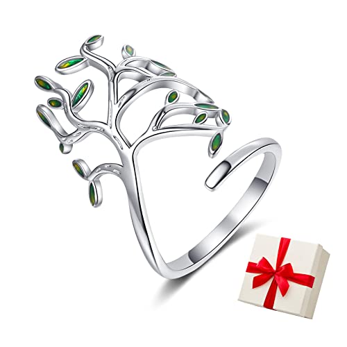 JUZICHEN Anillo Del Árbol De La Vida De Plata De Ley 925, Anillo Ajustable Del Árbol De La Vida Para Mujeres, Anillo De Plata De Ley Con Forma De Hoja, Un Regalo Para Una Niñaa(Con Caja De Proa) Cover