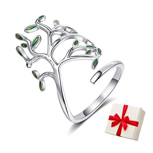 Bague Ajustable De l'Arbre De Vie, Bague Arbre De Vie Avec Feuilles, Bague De l'Arbre De Vie En Argent Sterling 925 , Bague De l'Arbre De Vie, Cadeaux pour les femmes/filles(avec boîte cadeau)