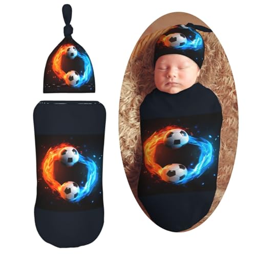 Image of Soccer Ball Newborn Swaddle Blanket with Beanie Set Soft Baby Sleep Sack Stretch Adjustable Swaddle Wraps Receiving Blankets