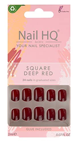 Nail HQ Press Ons - Square Deep Red - 24 Strong, Durable False Nails with Glossy Finish for Salon-Quality Manicure at Home