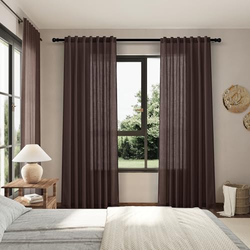 Image of Coffee Linen Blend Drapes 84 Inch Length 2 Panels Set Back Tab Rod Pocket Light Filtering Privacy Semi Sheer Textured Curtains Neutral Farmhouse Decor Curtains for Living Room Bedroom 52x84