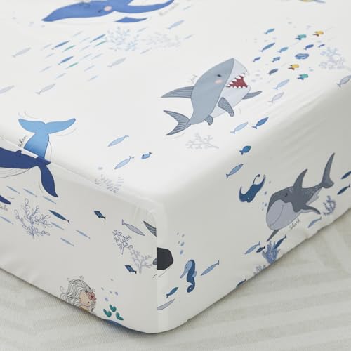 Image of Brandream Crib Sheet Boys Ocean Shark Sea Whale Animal Neutral Toddler Sheet Cotton Fish Mermaid Standard Crib Mattress Sheets