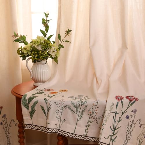 Image of Designer French Linen Printed Curtain,2 Panels,63 inchx65 inch-Serenity G | Vintage Elegant Curtains with Grommets 63 inches long,Light Beige Decor Draps,kitchen Bedroom Living Room Window