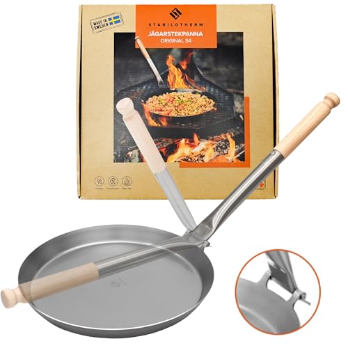 Stabilotherm Jägerpfanne XL mit Holz Klappgriff | zum Outdoor kochen & braten über offenem Feuer oder Grill | Eisenpfanne Gusspfanne Gusseisen