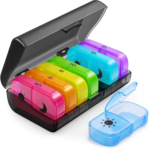 AUVON Tablettenbox 7 Tage Morgens Abends, Pillendose, 2 Fächer, handlicher und feuchtigkeitsbeständiger Medikamentenbox für die Hand- oder Hosentasche, um Medikamente aufzubewahren (Regenbogen)