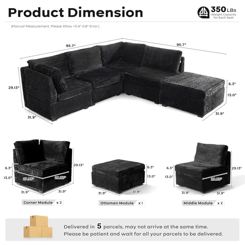 Image of ovios Modular Sectional Sofa Couch with L-Shape Chaise Ottoman, Comfy Plush Corduroy Cloud Couches, Modern Luxury Deep Seat Sofas Set for Living Room, 5-Seater, Black