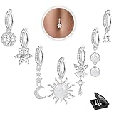 WINSENET 7 Pcs 14G Clicker Belly Button Ring for Women 316L Surgical Steel Dangle Belly Button Rings Simple Hoop Navel Rings Body Belly Piercing Jewelry Silver