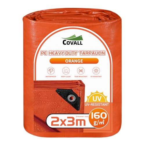 COVALL 160g/㎡ Heavy Duty Waterproof Tarpaulin 2x3m Reinforced Eyelets Weatherproof UV Protection Tarp Ground Sheet Outdoor Trailer Cover Camping Tent Mat Garden Fishing (Bright Orange）