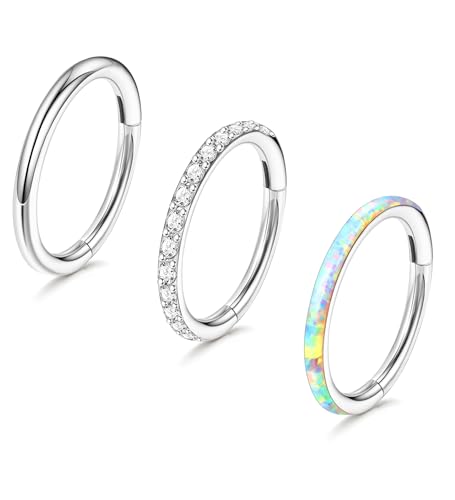 3pcs Nose Rings Hoops - 316L Surgical Steel Hinged Nose Hoops 16G/18G/20G CZ Clicker Septum Nose Ring Lip Helix Cartilage Hoop Earring Daith Rook Conch Body Piercing Jewelry for Women Men 8mm 10mm