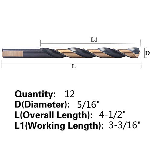12 Pcs 5/16" Hss Black And Gold Coated Twist Drill Bits, Metal Drill, Ideal For Drilling On Mild Steel, Copper, Aluminum, Zinc Alloy Etc. Pack In Plastic Bag #TOP1