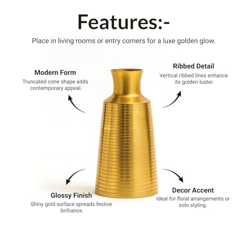Image of Market99 Golden Metal Flower Holder |Truncated Cone Shape Vase with Ribbed Design & Glossy Texture|Decorative Accent for Tabletop, Living Room, Corner, Shelf & Gifting|A modern luxury for every corner