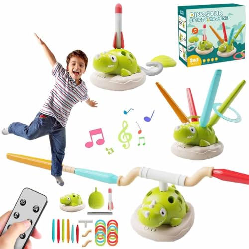 LABNRT Spinning Dinosaur Jump Toy, Dinosaur Jumping Toys, 3-in-1 Dinosaur Rocket Launcher, Ring Toss & Musical Jumping Toy for Kids, Remote Control, Indoor Outdoor Games Sports & Outside Play(1set)